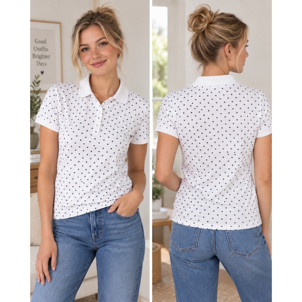 Polo Ralph Lauren Womens Slim Fit Polo Shirt White Blue Floral Print Size M